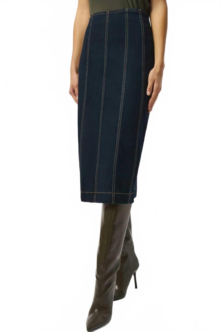 NEW JOSEPH RIBKOFF salma stretch denim stitch detail pencil midi skirt in indigo
